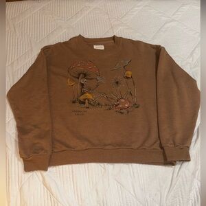 American Eagle Funday Graphic Brown Crewneck Mushroom and Skeleton Design Size M